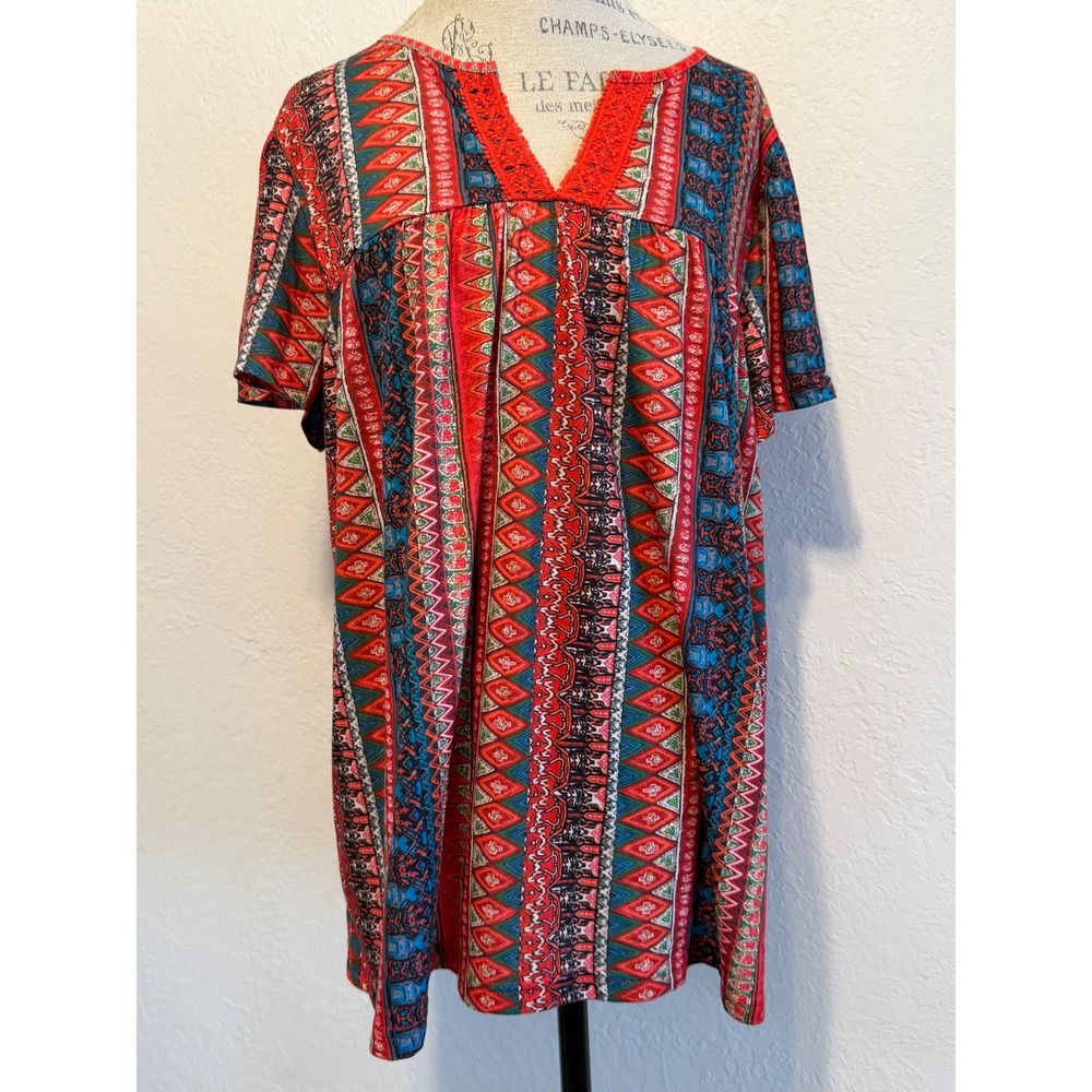 OFEEFAN Red Tribal Geometric Print Lace Trim V-Neck Tunic Top 2XL